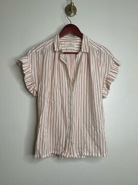 Trovata Marianne B Ruffle Sleeve Cotton Striped Button Down Short Sleeve Shirt